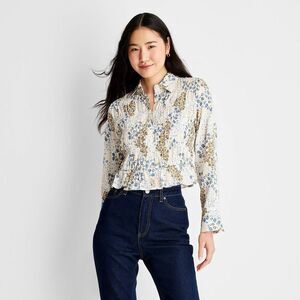 NWT Women's Floral Print Long Sleeve Ruched Button-Up Reese Bulstein Xs #497